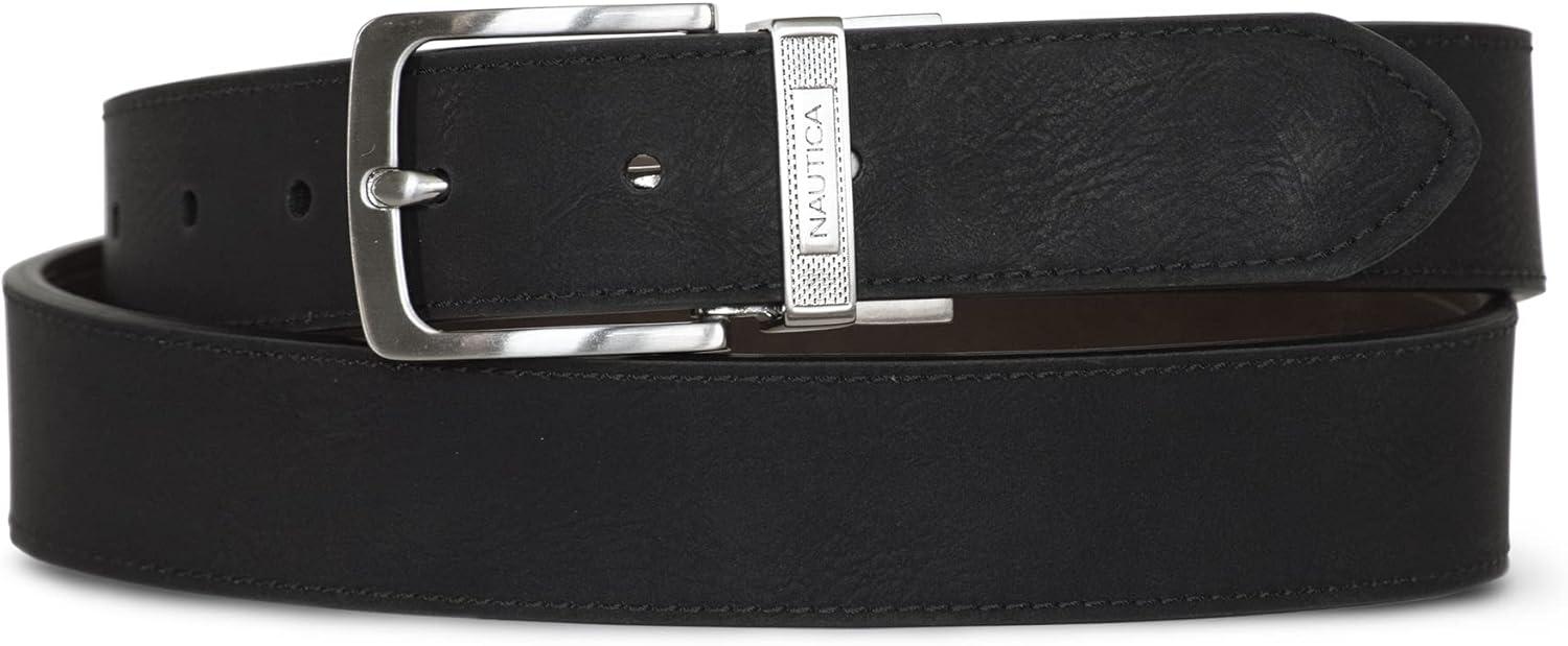 imageNautica Mens Reversible Leather Belt 2in1 Classic Everyday Business Work Dress Casual Metal BuckleEngraved Keeper BlackBrown