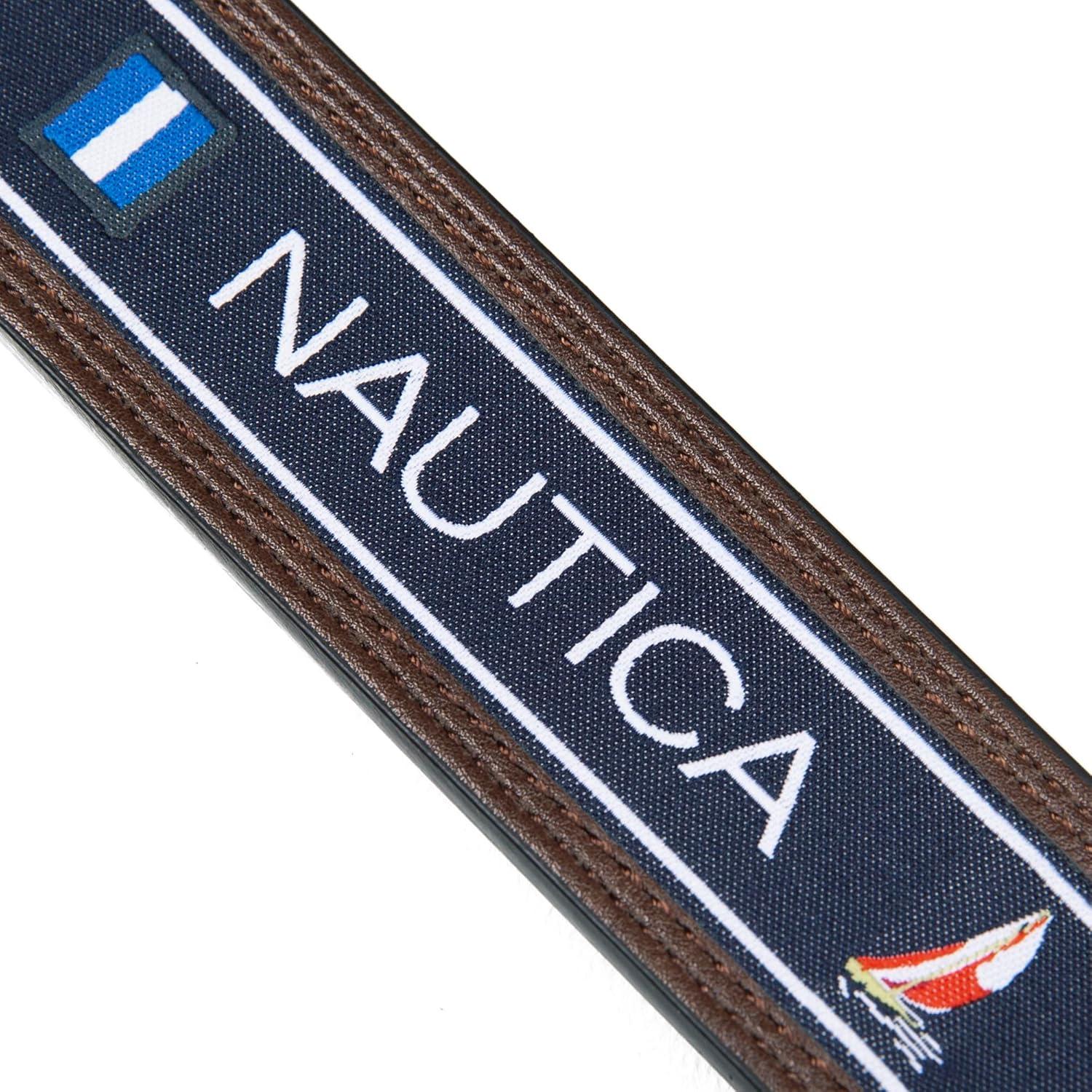 imageNautica Mens Reversible Leather Belt 2in1 Classic Everyday Business Work Dress Casual Metal BuckleFlag Logo Brown
