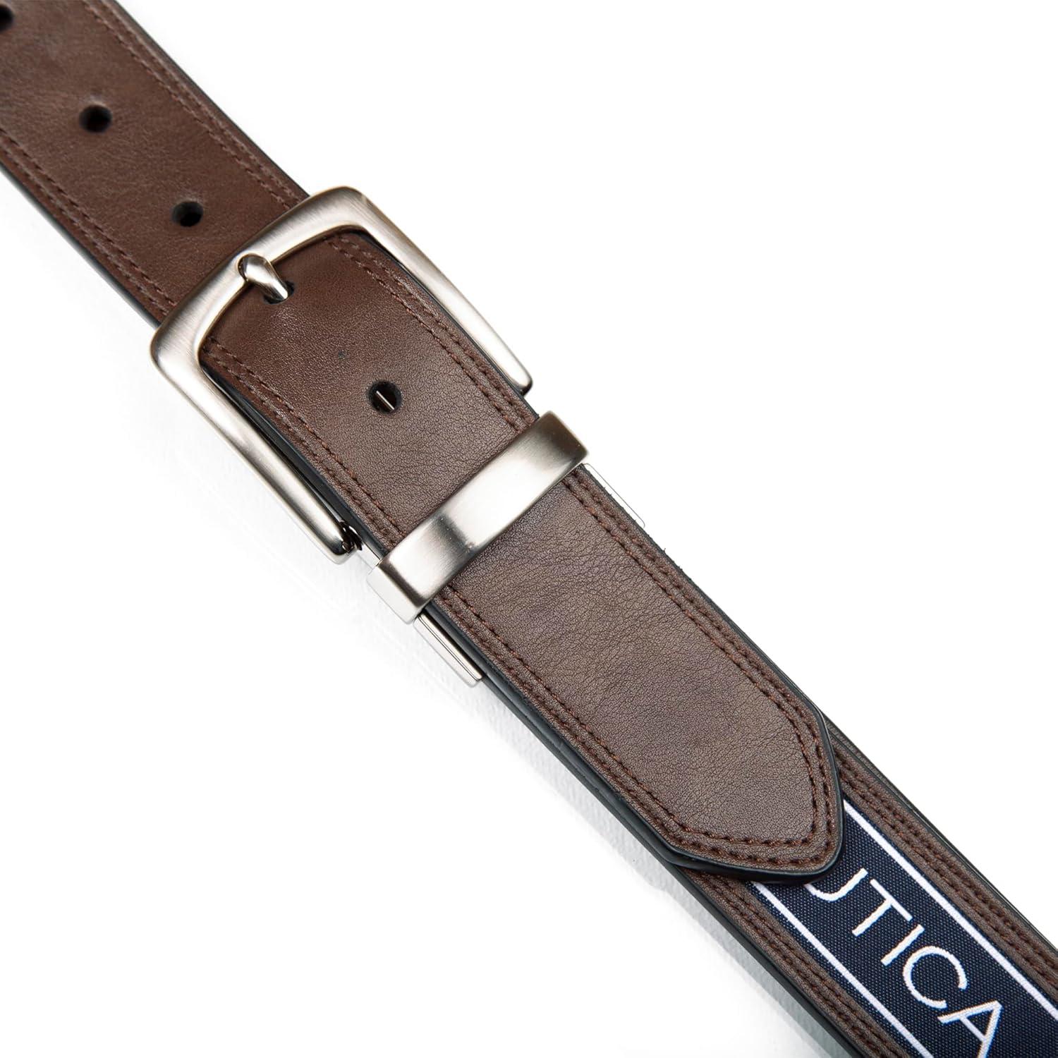 imageNautica Mens Reversible Leather Belt 2in1 Classic Everyday Business Work Dress Casual Metal BuckleFlag Logo Brown