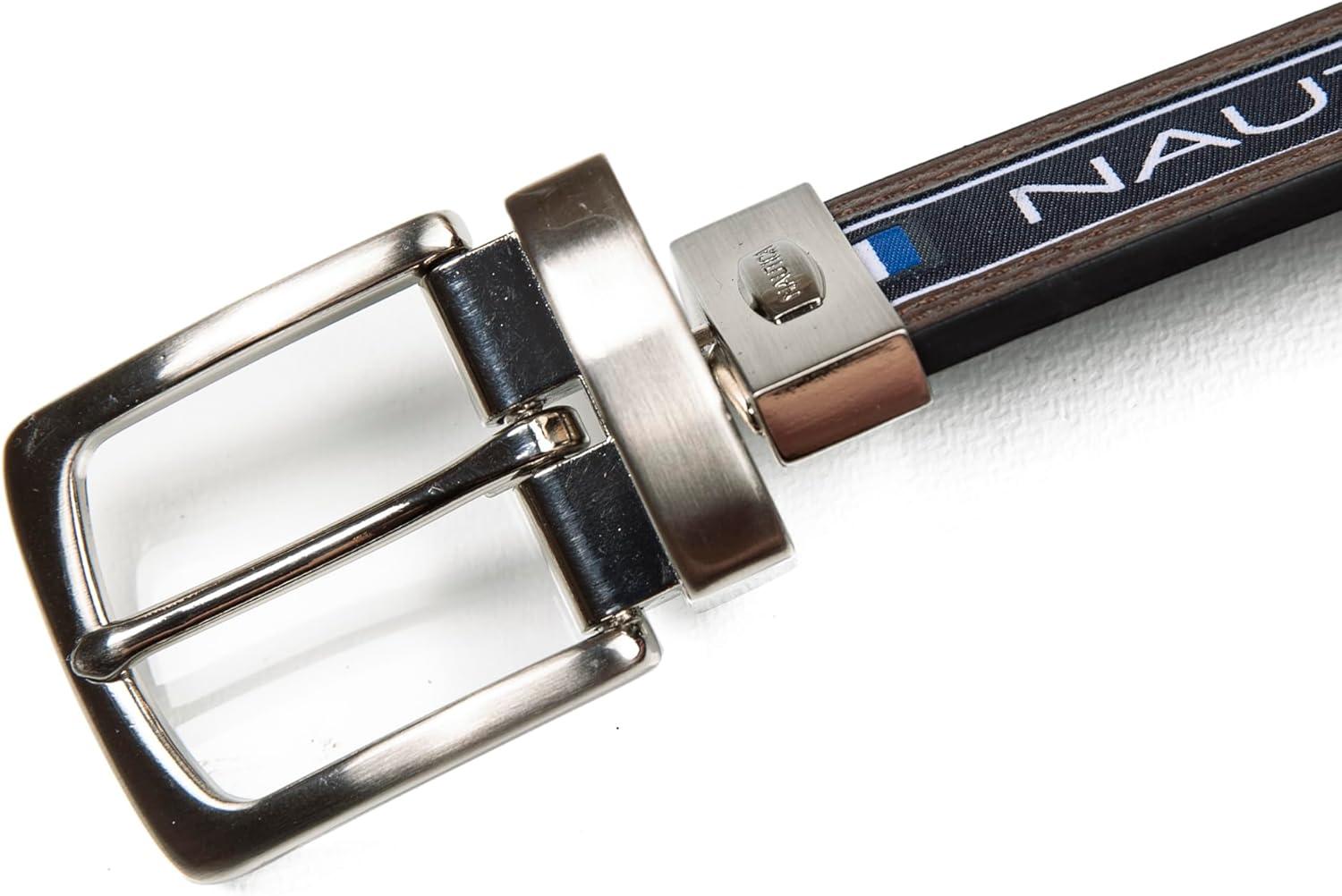 imageNautica Mens Reversible Leather Belt 2in1 Classic Everyday Business Work Dress Casual Metal BuckleFlag Logo Brown