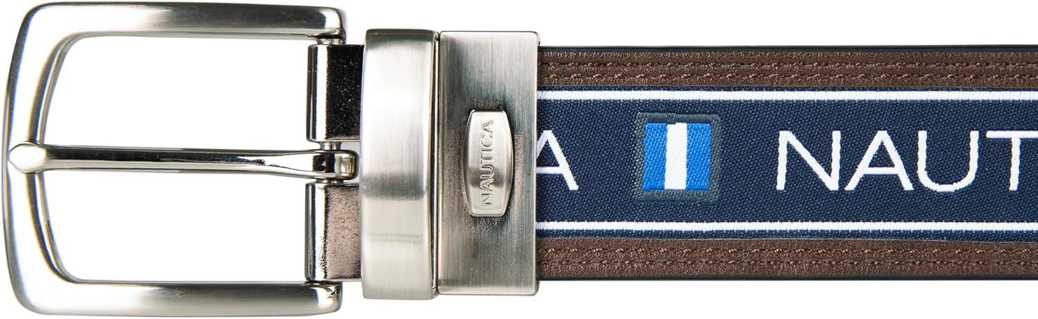 imageNautica Mens Reversible Leather Belt 2in1 Classic Everyday Business Work Dress Casual Metal BuckleFlag Logo Brown