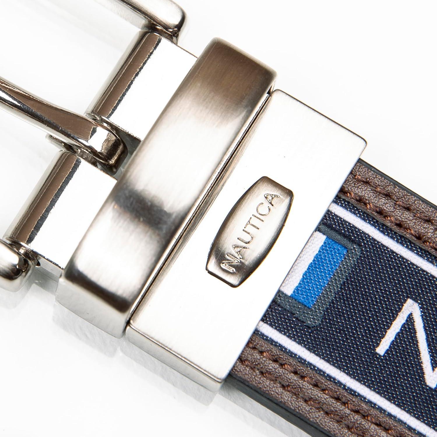 imageNautica Mens Reversible Leather Belt 2in1 Classic Everyday Business Work Dress Casual Metal BuckleFlag Logo Brown