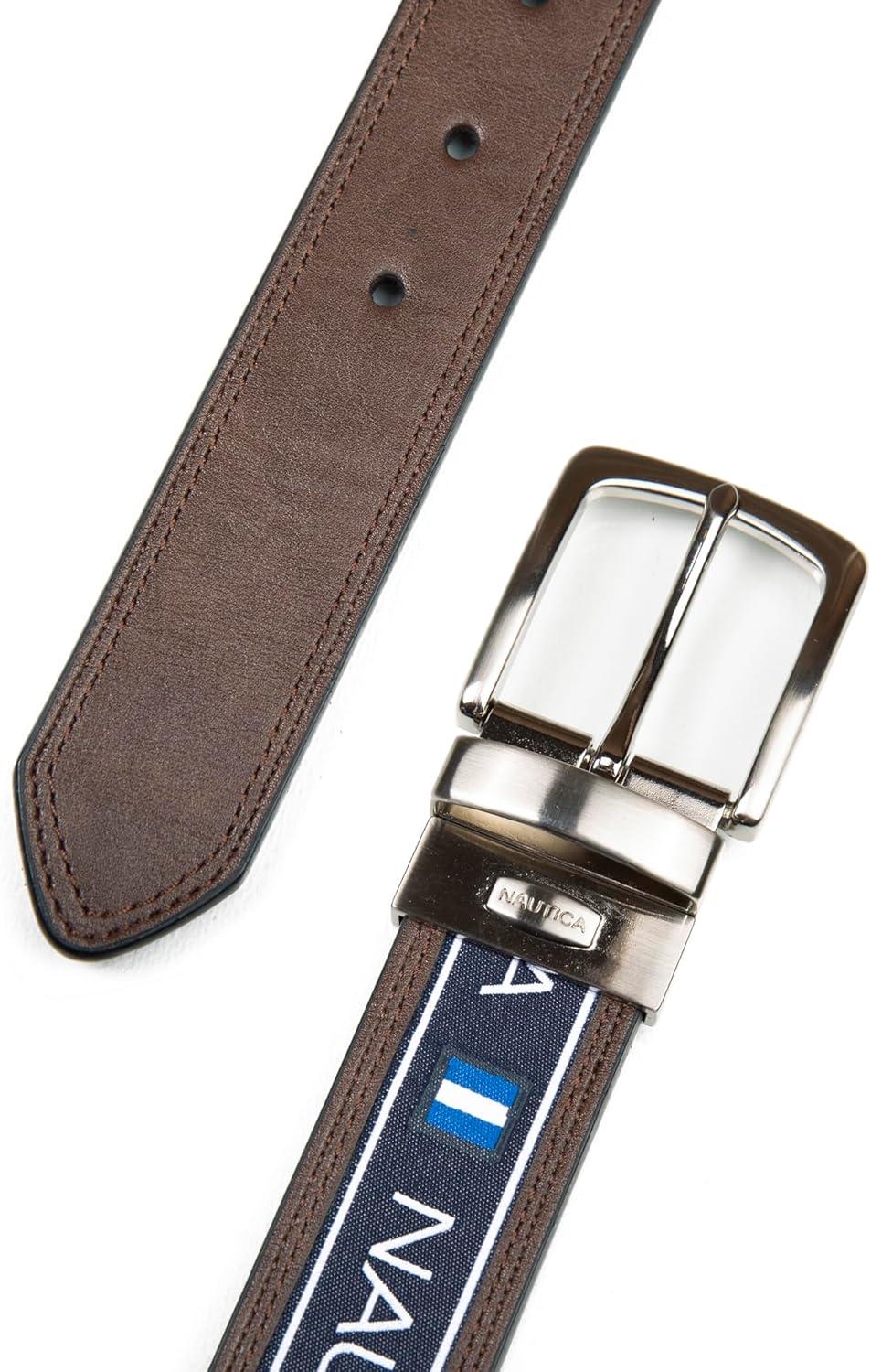 imageNautica Mens Reversible Leather Belt 2in1 Classic Everyday Business Work Dress Casual Metal BuckleFlag Logo Brown