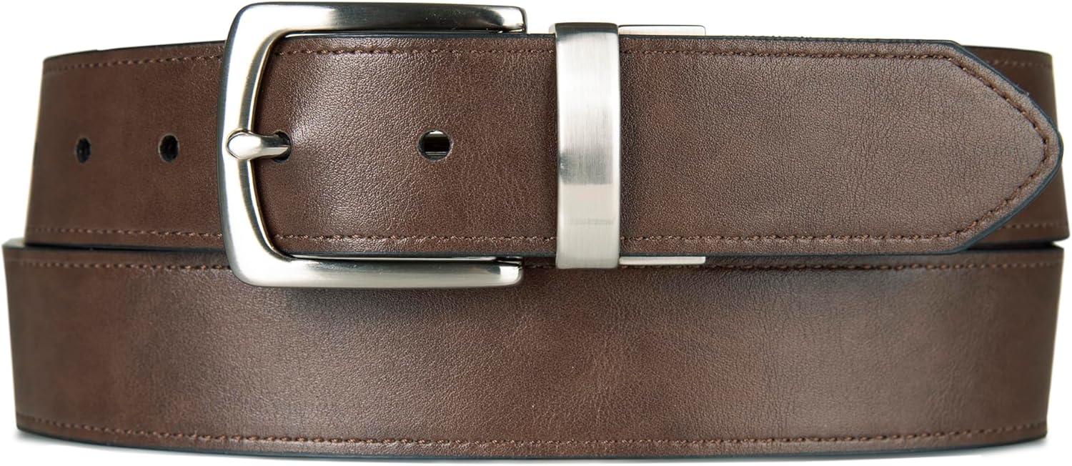 imageNautica Mens Reversible Leather Belt 2in1 Classic Everyday Business Work Dress Casual Metal BuckleFlag Logo Brown