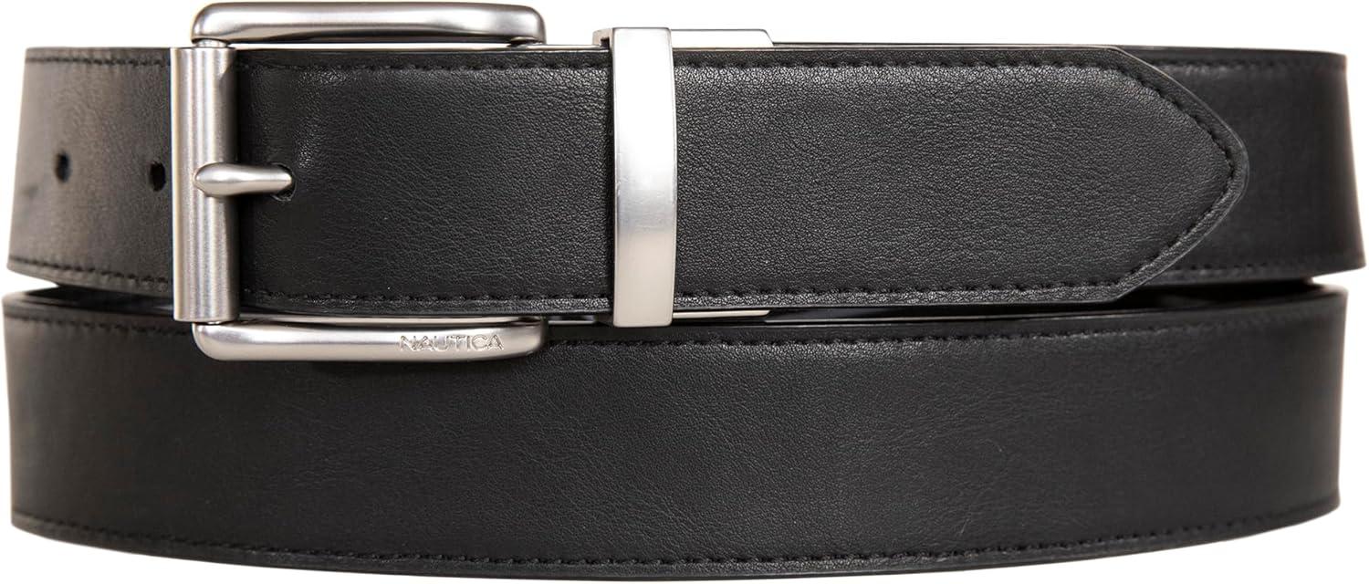 imageNautica Mens Reversible Leather Belt 2in1 Classic Everyday Business Work Dress Casual Metal BuckleFlag Pattern Black