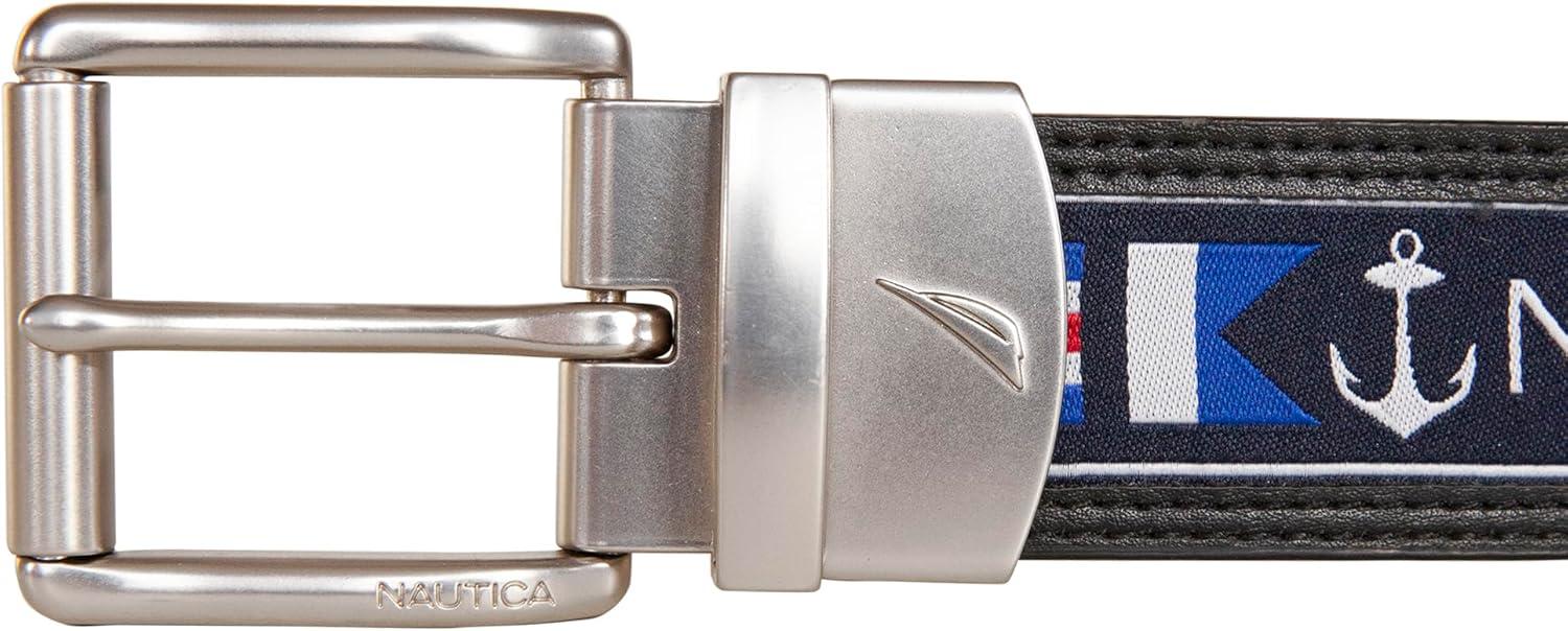 imageNautica Mens Reversible Leather Belt 2in1 Classic Everyday Business Work Dress Casual Metal BuckleFlag Pattern Black