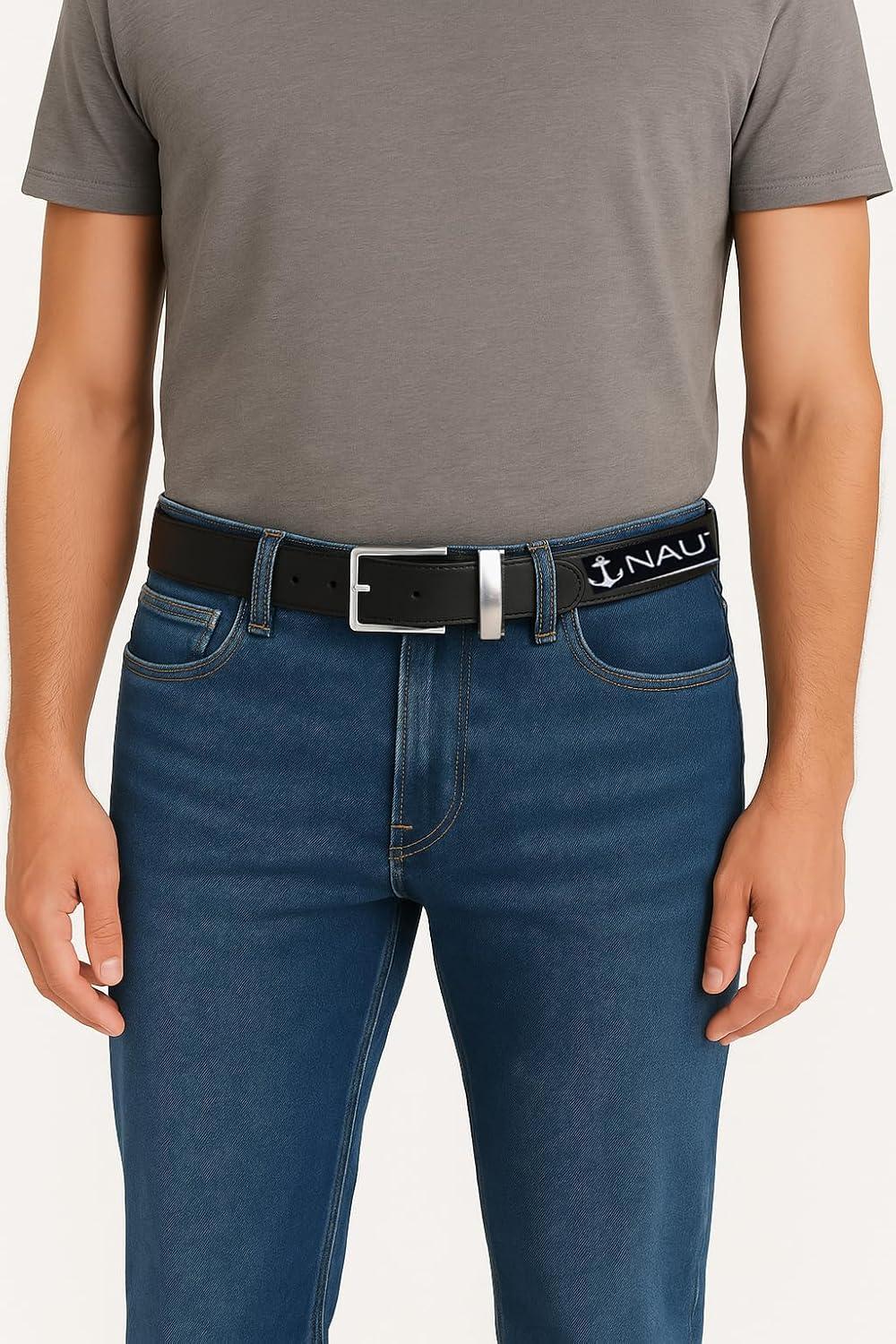 imageNautica Mens Reversible Leather Belt 2in1 Classic Everyday Business Work Dress Casual Metal BuckleFlag Pattern Black