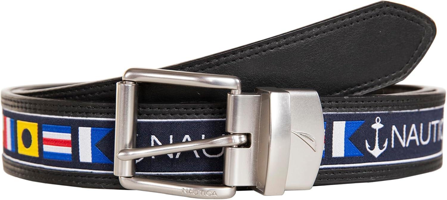 imageNautica Mens Reversible Leather Belt 2in1 Classic Everyday Business Work Dress Casual Metal BuckleFlag Pattern Black