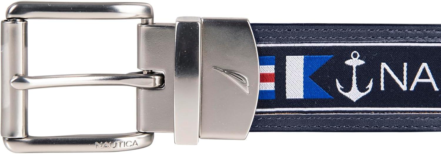 imageNautica Mens Reversible Leather Belt 2in1 Classic Everyday Business Work Dress Casual Metal BuckleFlag Pattern Navy