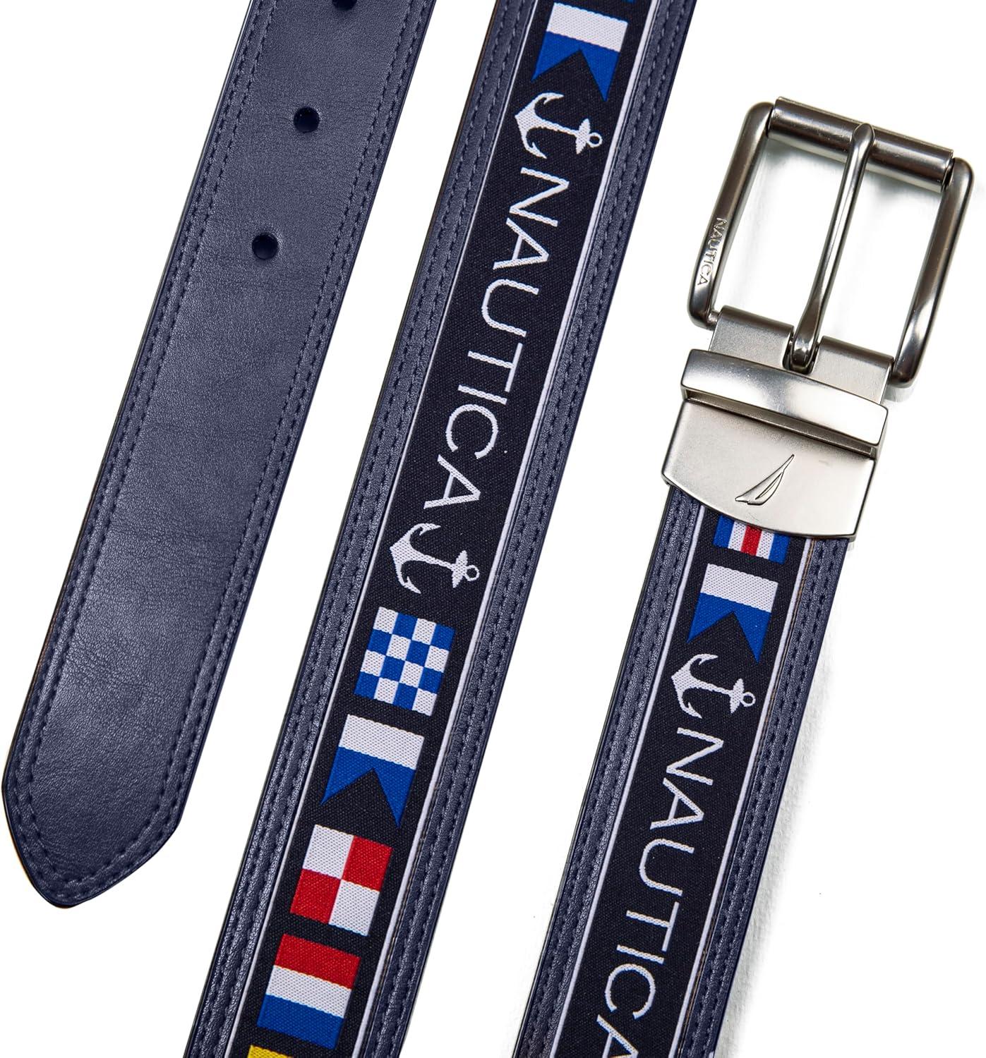 imageNautica Mens Reversible Leather Belt 2in1 Classic Everyday Business Work Dress Casual Metal BuckleFlag Pattern Navy