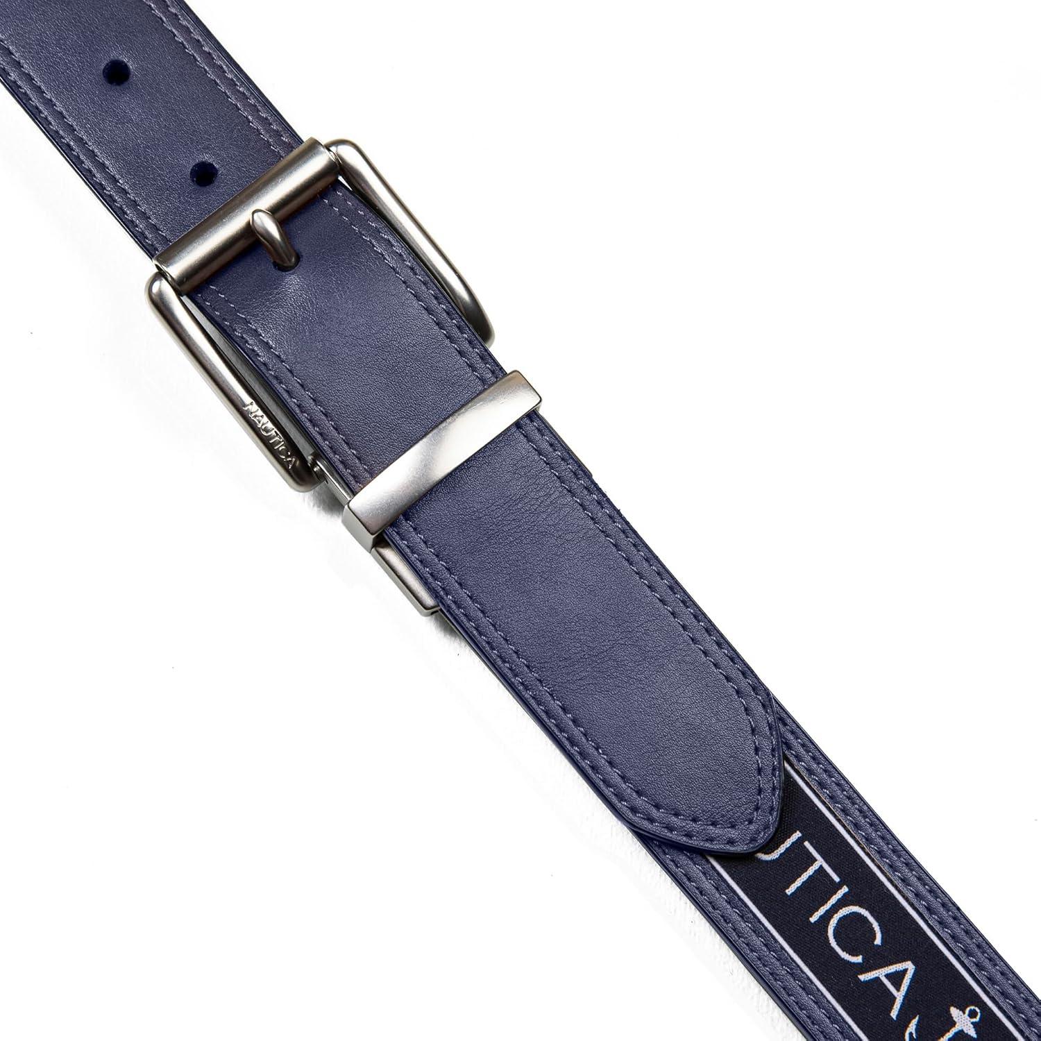 imageNautica Mens Reversible Leather Belt 2in1 Classic Everyday Business Work Dress Casual Metal BuckleFlag Pattern Navy