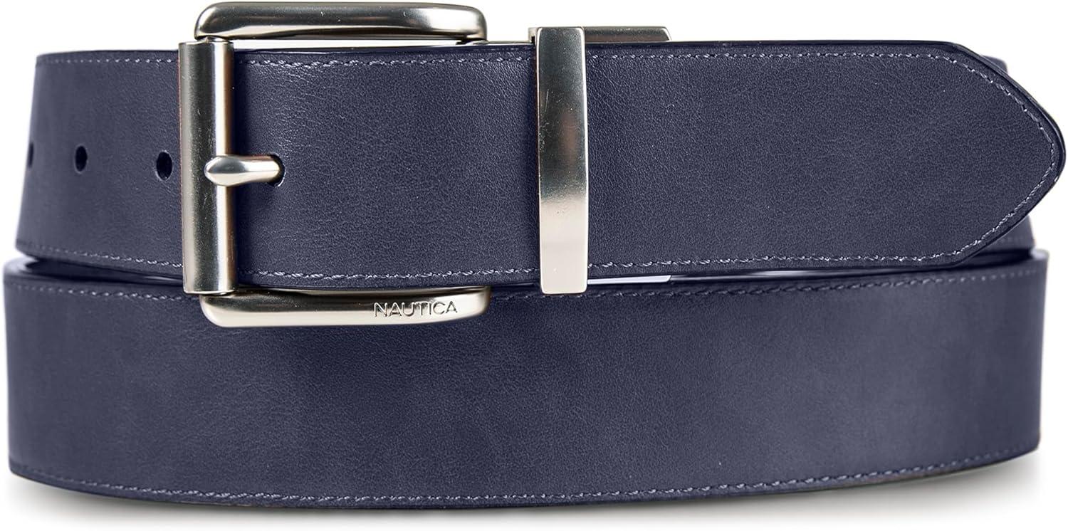 imageNautica Mens Reversible Leather Belt 2in1 Classic Everyday Business Work Dress Casual Metal BuckleFlag Pattern Navy