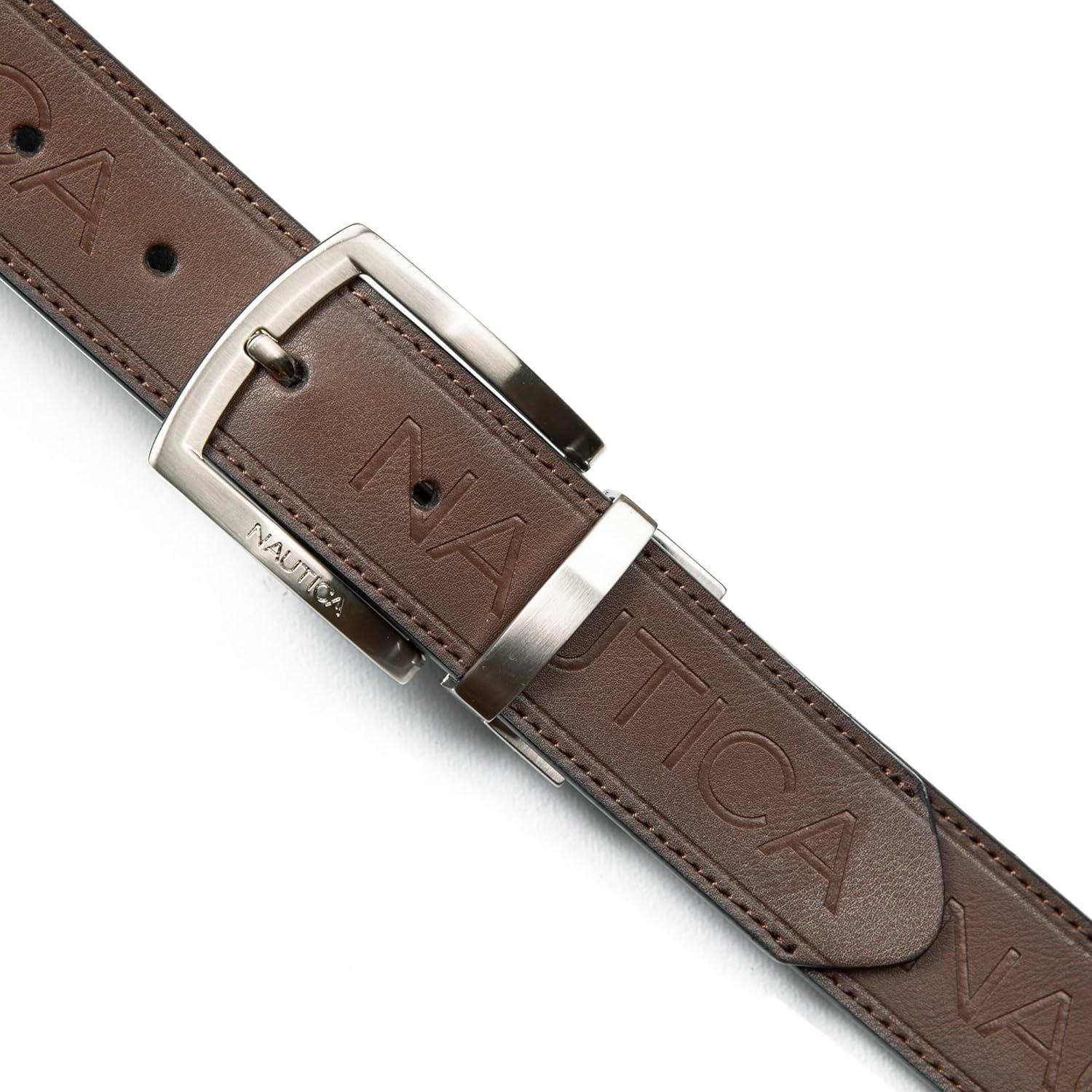 imageNautica Mens Reversible Leather Belt 2in1 Classic Everyday Business Work Dress Casual Metal BuckleNickle Logo BlackBrown