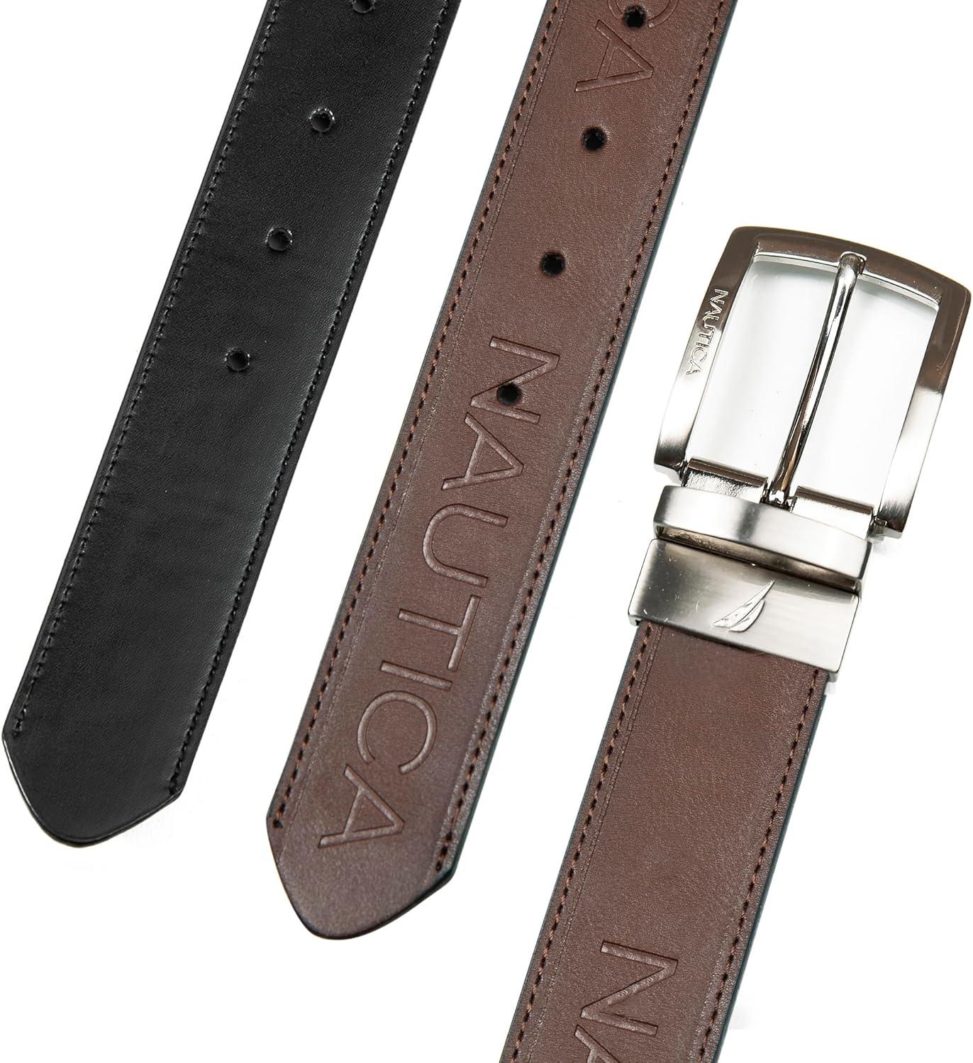imageNautica Mens Reversible Leather Belt 2in1 Classic Everyday Business Work Dress Casual Metal BuckleNickle Logo BlackBrown