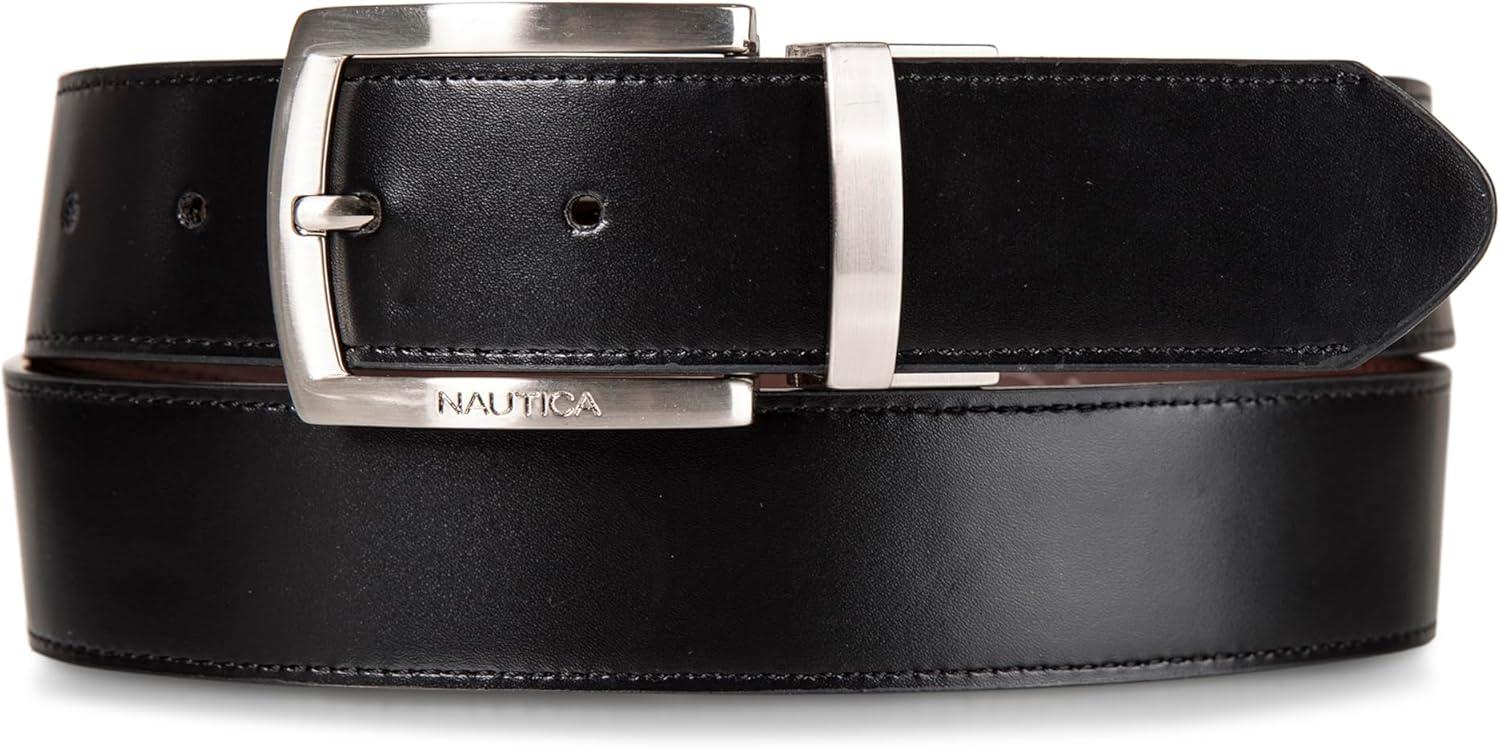 imageNautica Mens Reversible Leather Belt 2in1 Classic Everyday Business Work Dress Casual Metal BuckleNickle Logo BlackBrown