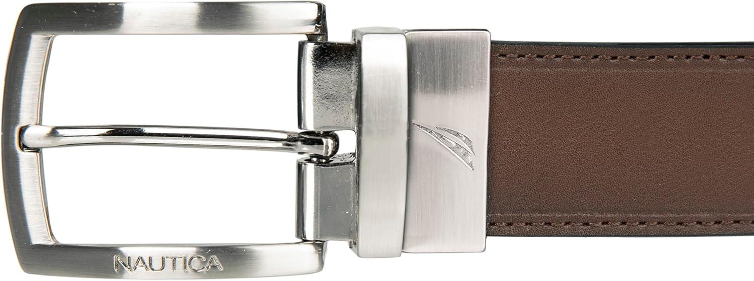 imageNautica Mens Reversible Leather Belt 2in1 Classic Everyday Business Work Dress Casual Metal BuckleNickle Logo BlackBrown