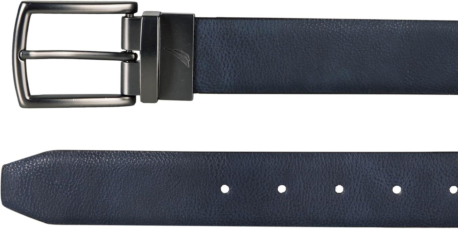 imageNautica Mens Reversible Leather Belt 2in1 Classic Everyday Business Work Dress Casual Metal BucklePebbled NavyBlack