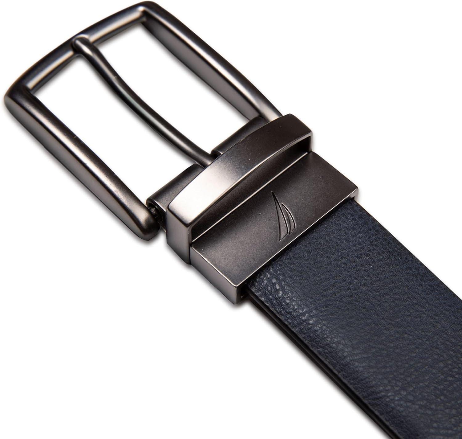 imageNautica Mens Reversible Leather Belt 2in1 Classic Everyday Business Work Dress Casual Metal BucklePebbled NavyBlack