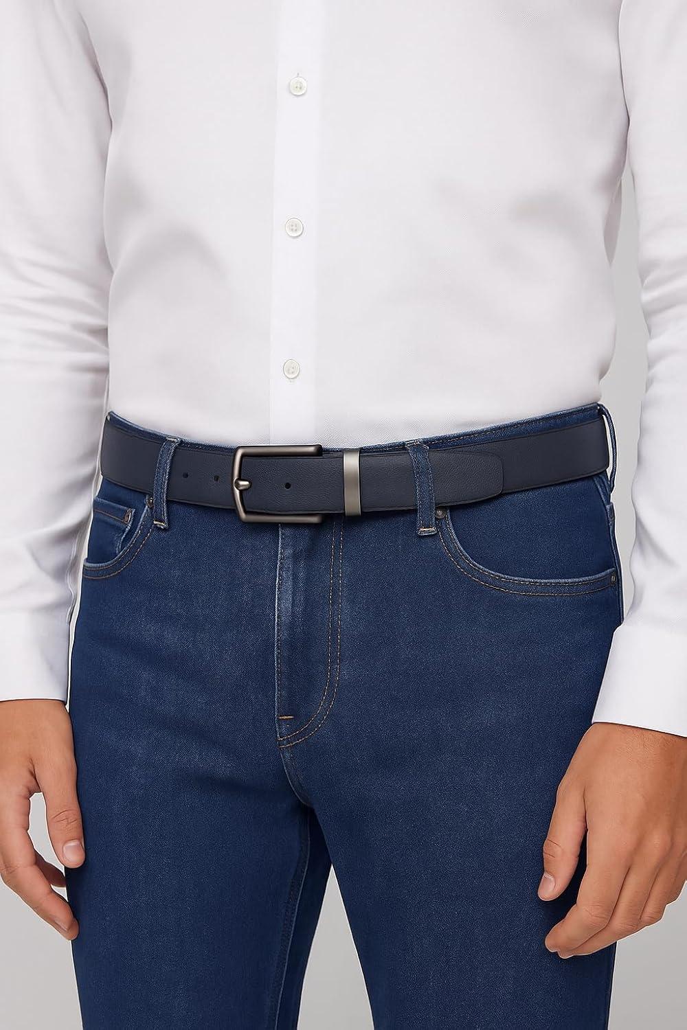 imageNautica Mens Reversible Leather Belt 2in1 Classic Everyday Business Work Dress Casual Metal BucklePebbled NavyBlack
