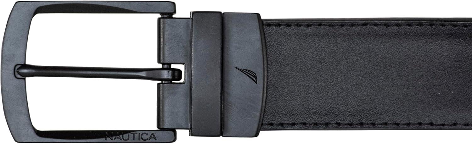 imageNautica Mens Reversible Leather Belt 2in1 Classic Everyday Business Work Dress Casual Metal BuckleSignature Logo Black RibbonLeather