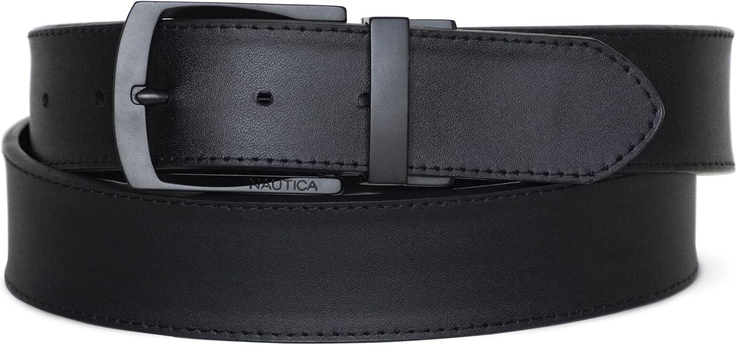 imageNautica Mens Reversible Leather Belt 2in1 Classic Everyday Business Work Dress Casual Metal BuckleSignature Logo Black RibbonLeather