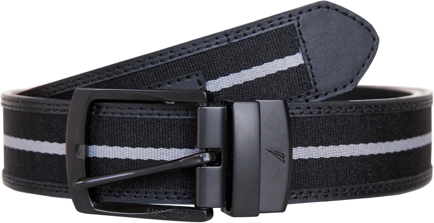 imageNautica Mens Reversible Leather Belt 2in1 Classic Everyday Business Work Dress Casual Metal BuckleSignature Logo Black RibbonLeather