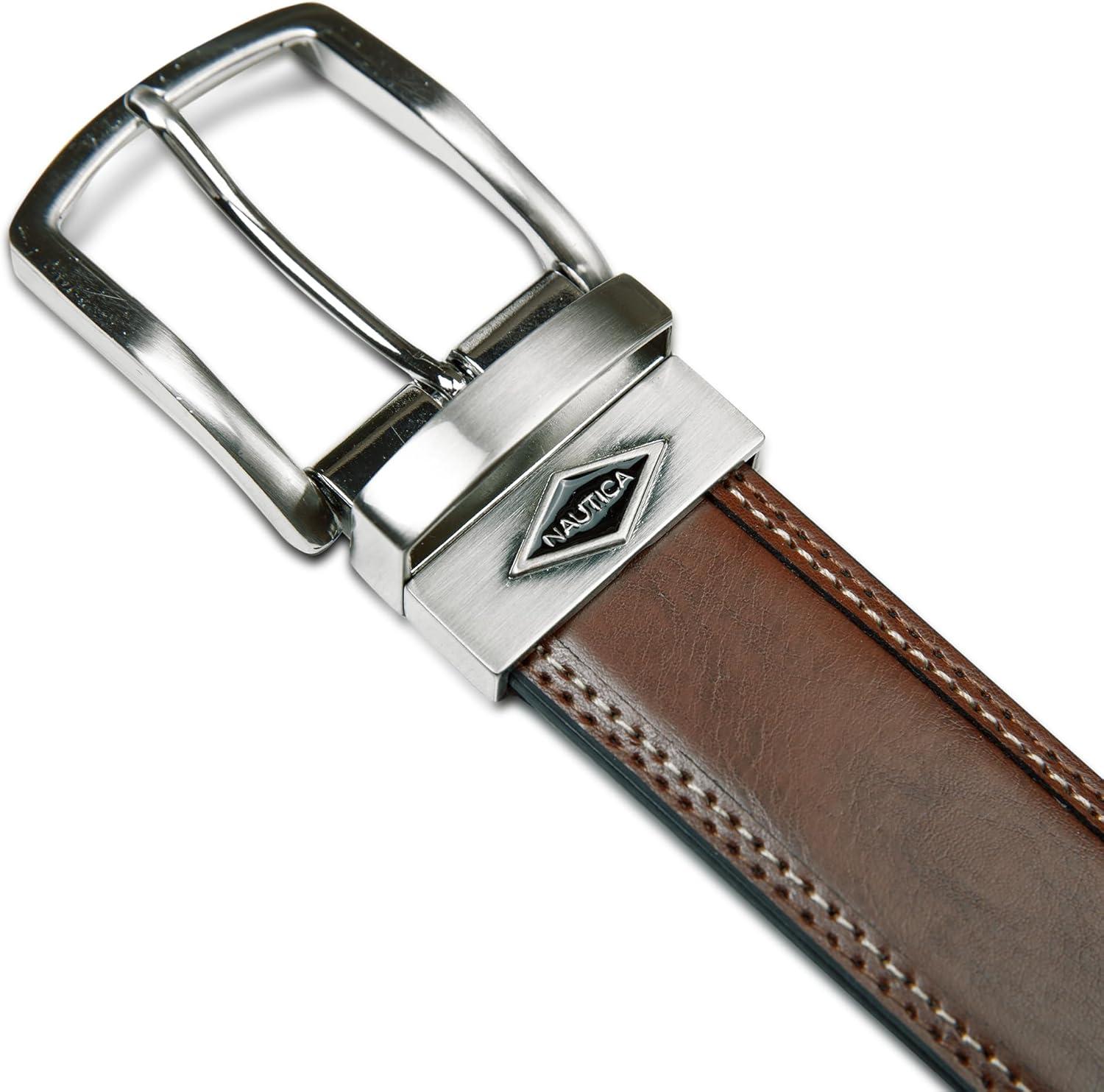 imageNautica Mens Reversible Leather Belt 2in1 Classic Everyday Business Work Dress Casual Metal BuckleStitched TanBlack