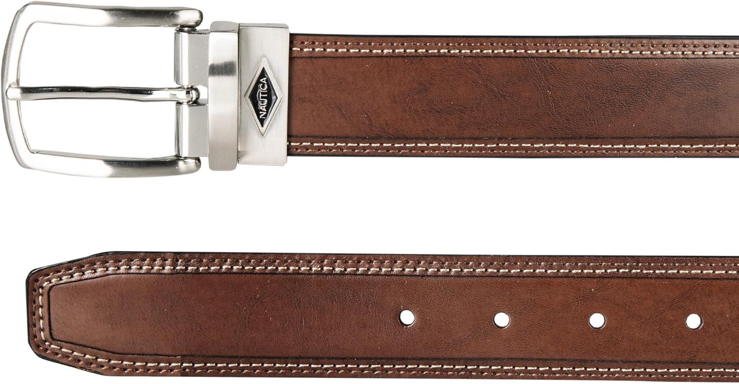 imageNautica Mens Reversible Leather Belt 2in1 Classic Everyday Business Work Dress Casual Metal BuckleStitched TanBlack
