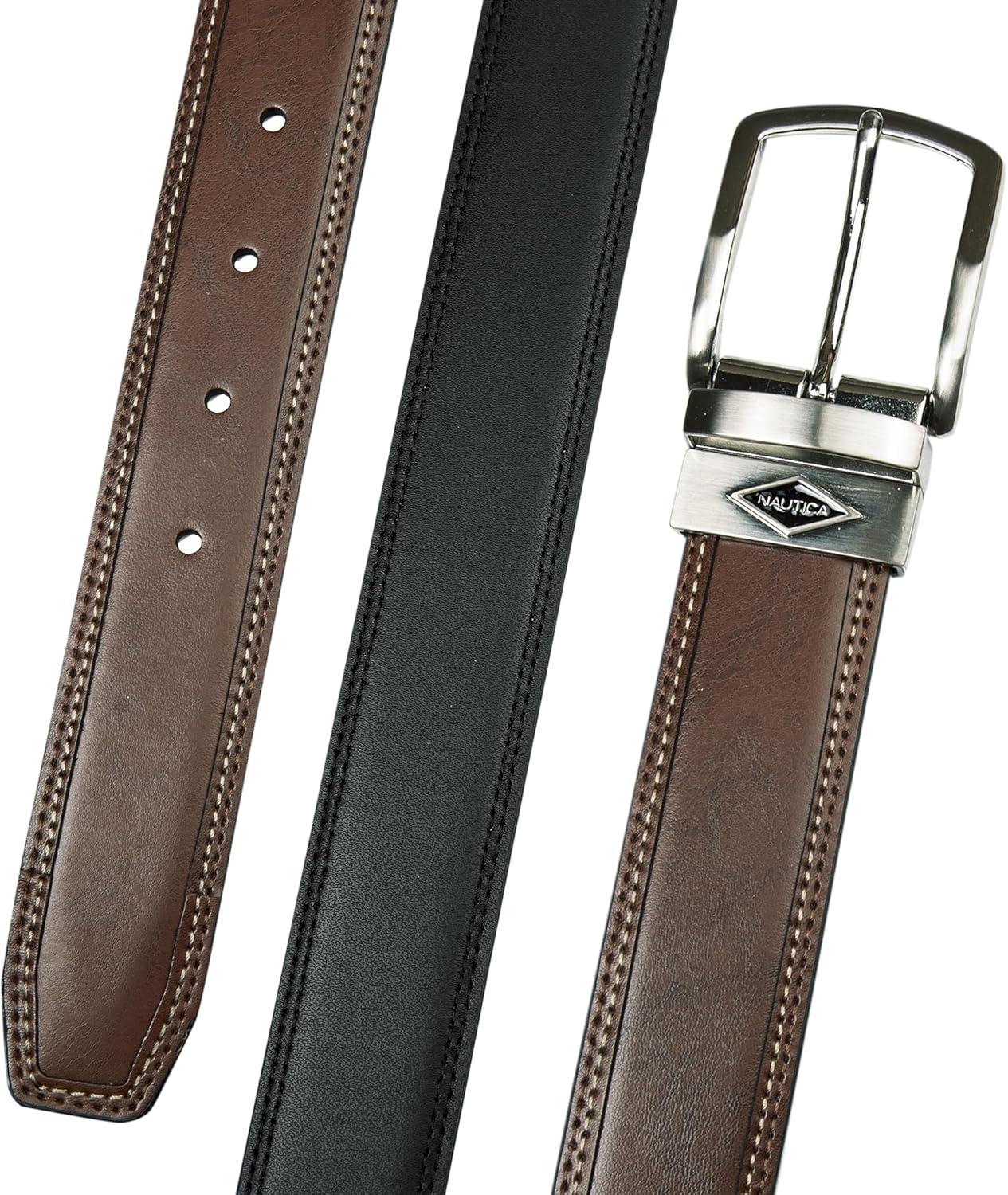 imageNautica Mens Reversible Leather Belt 2in1 Classic Everyday Business Work Dress Casual Metal BuckleStitched TanBlack