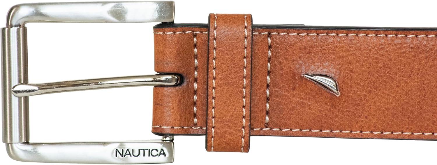 imageNautica Mens Signature Leather and Canvas Belt Ribbon Detail Flag Design Classic Casual Metal BuckleEmbossed Logo Tan