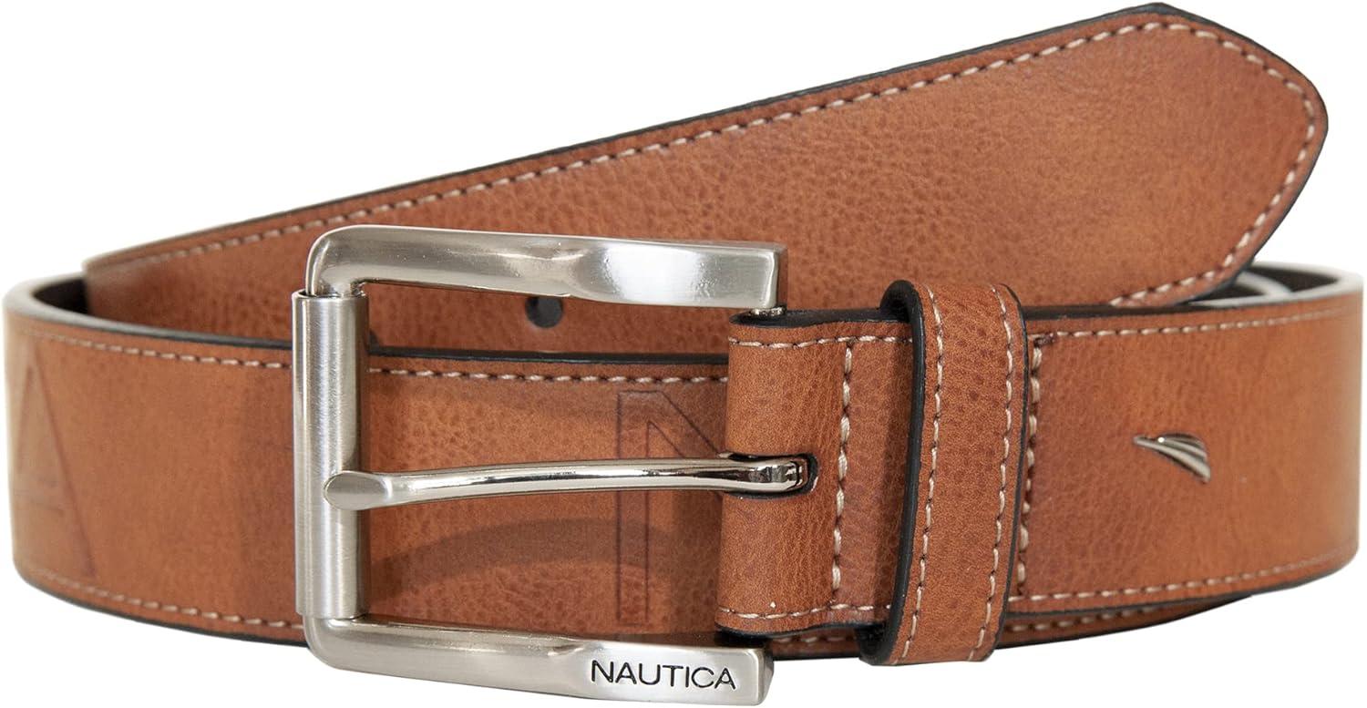 imageNautica Mens Signature Leather and Canvas Belt Ribbon Detail Flag Design Classic Casual Metal BuckleEmbossed Logo Tan