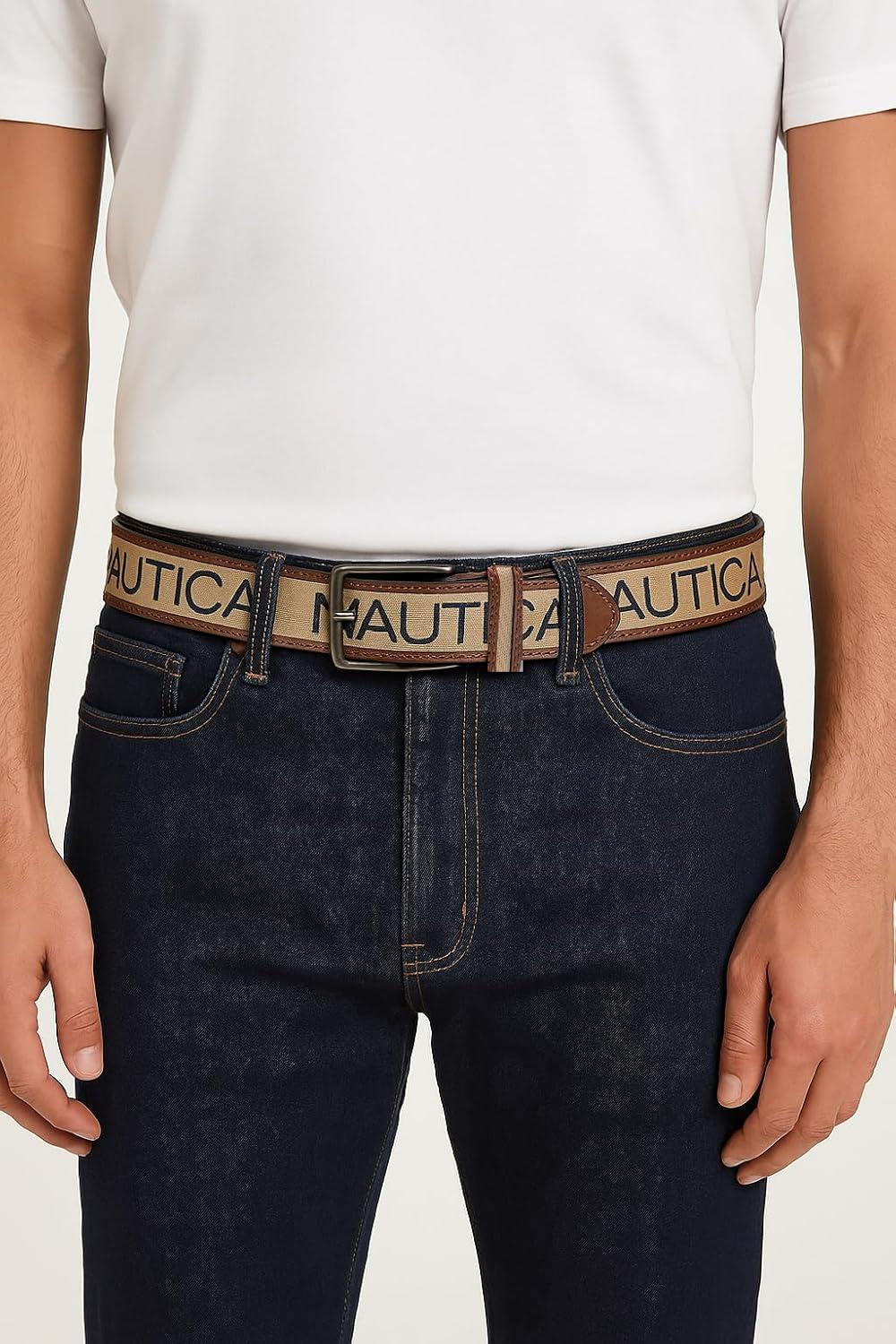 imageNautica Mens Signature Leather and Canvas Belt Ribbon Detail Flag Design Classic Casual Metal BuckleSignature Logo Beige
