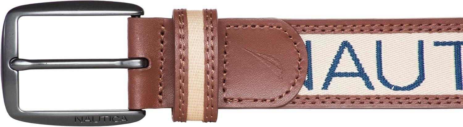imageNautica Mens Signature Leather and Canvas Belt Ribbon Detail Flag Design Classic Casual Metal BuckleSignature Logo Beige