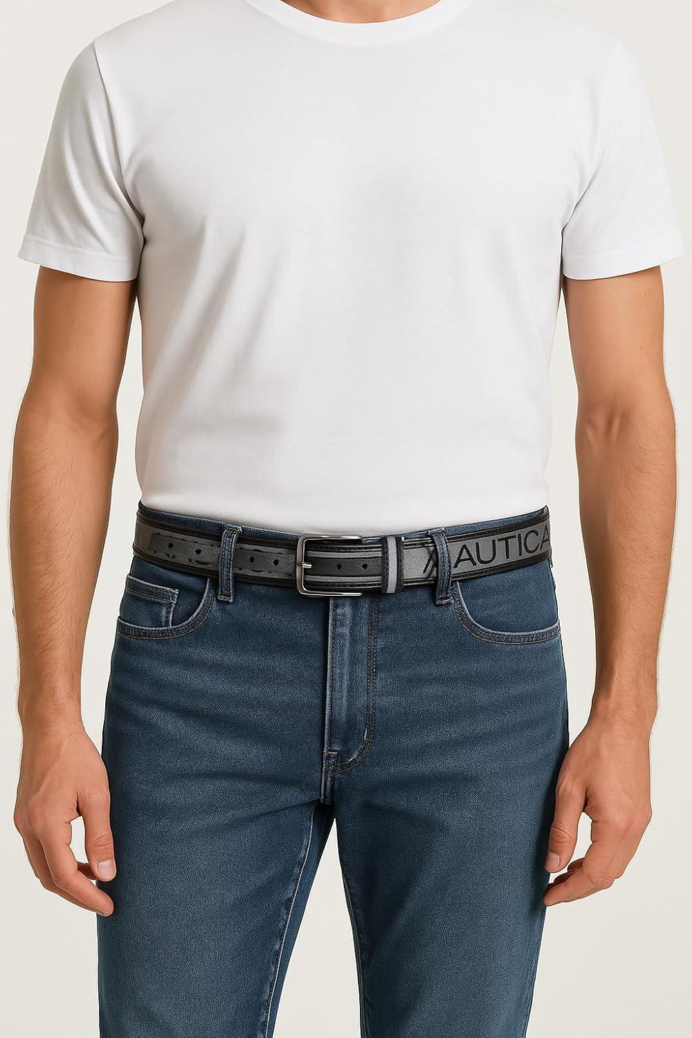 imageNautica Mens Signature Leather and Canvas Belt Ribbon Detail Flag Design Classic Casual Metal BuckleSignature Logo Grey