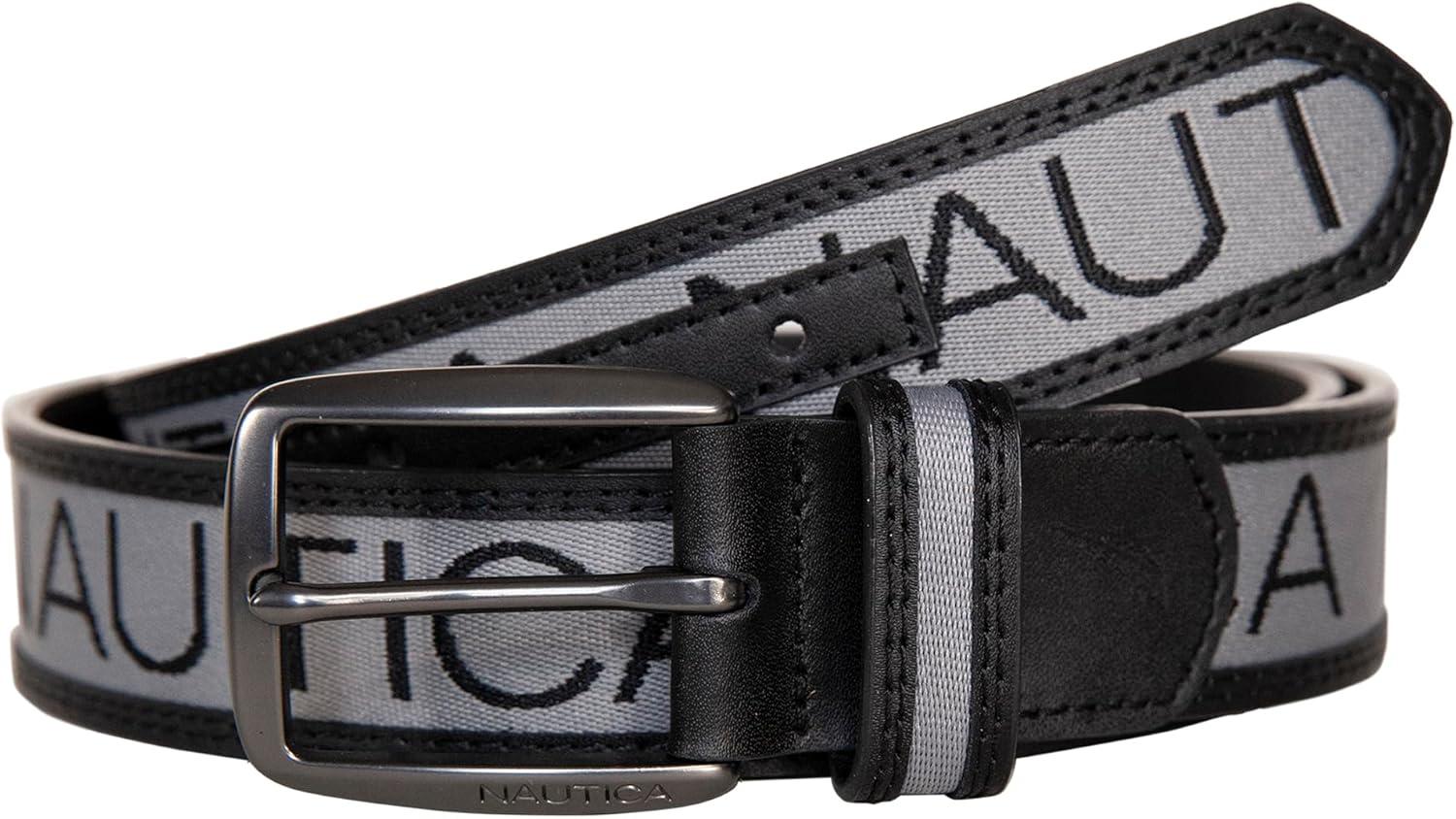 imageNautica Mens Signature Leather and Canvas Belt Ribbon Detail Flag Design Classic Casual Metal BuckleSignature Logo Grey