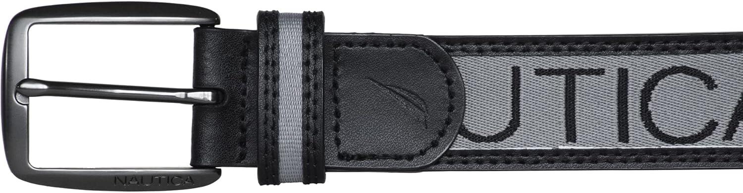 imageNautica Mens Signature Leather and Canvas Belt Ribbon Detail Flag Design Classic Casual Metal BuckleSignature Logo Grey