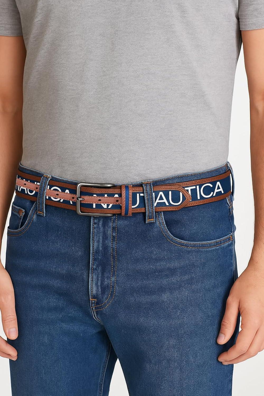 imageNautica Mens Signature Leather and Canvas Belt Ribbon Detail Flag Design Classic Casual Metal BuckleSignature Logo Navy