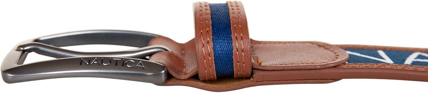 imageNautica Mens Signature Leather and Canvas Belt Ribbon Detail Flag Design Classic Casual Metal BuckleSignature Logo Navy