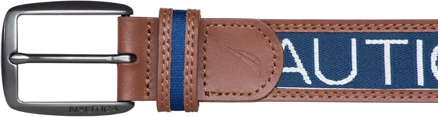 imageNautica Mens Signature Leather and Canvas Belt Ribbon Detail Flag Design Classic Casual Metal BuckleSignature Logo Navy