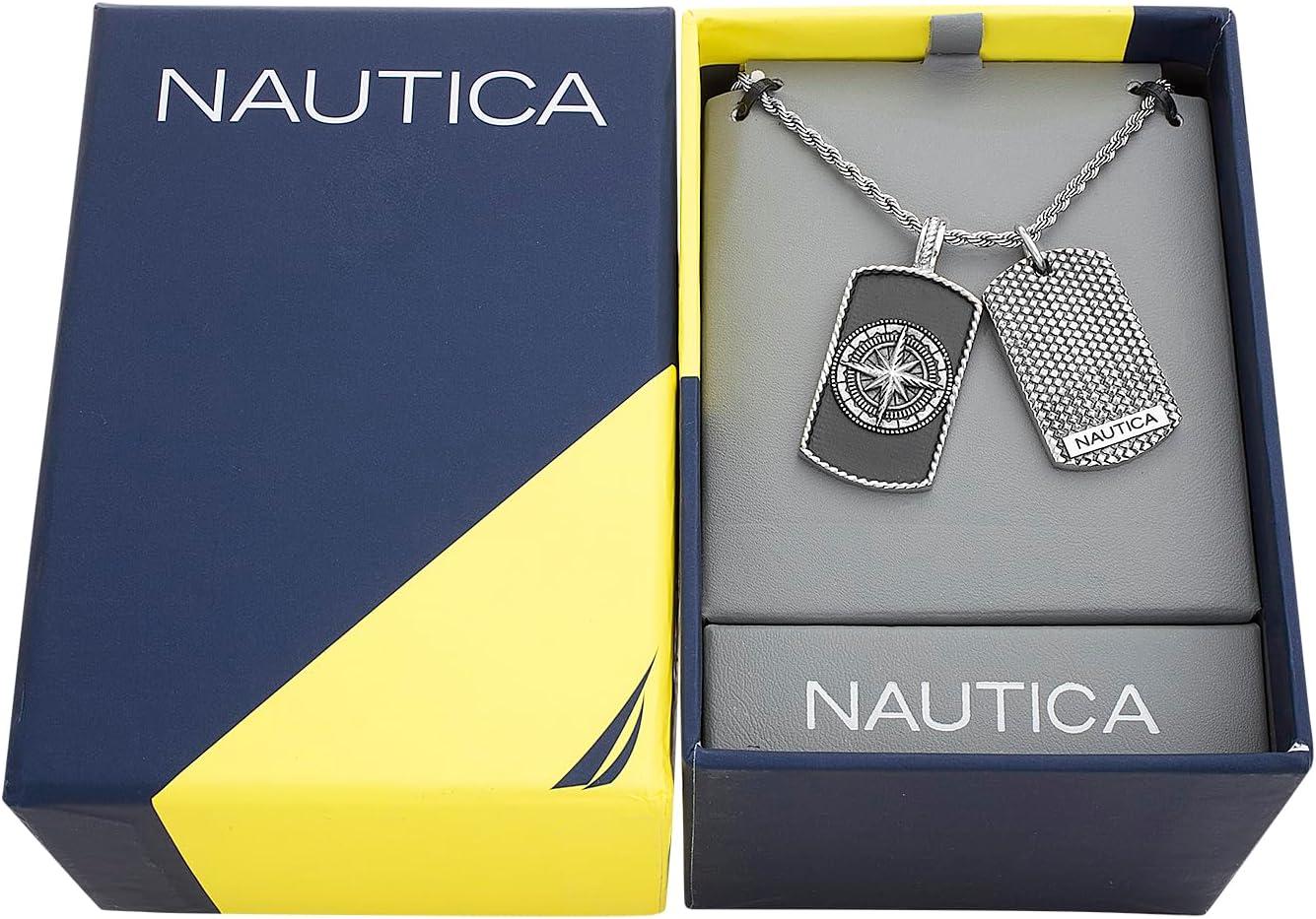 imageNautica Oxidized Stainless Steel Black Enamel Dog Tag Starburst Freedom Rope Chain Necklace for Men