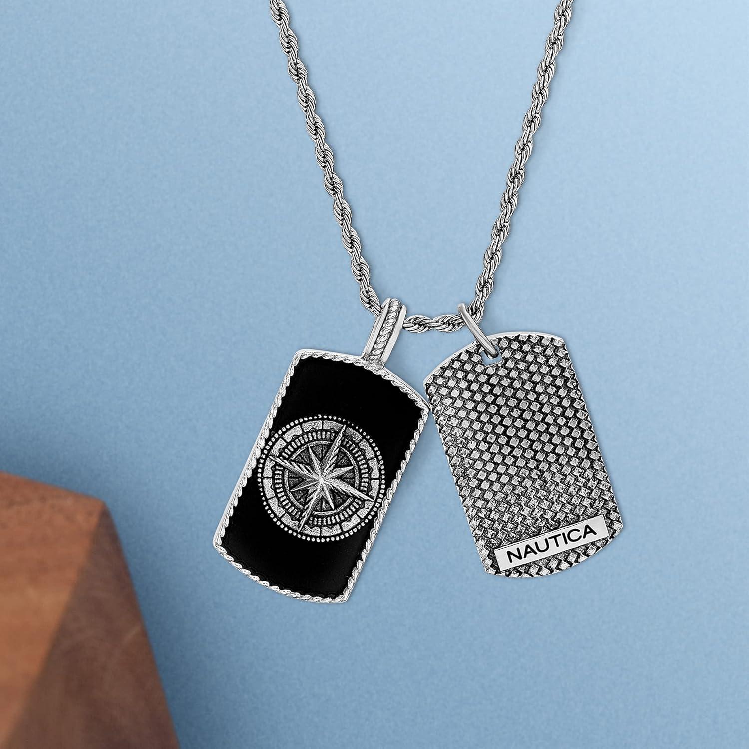 imageNautica Oxidized Stainless Steel Black Enamel Dog Tag Starburst Freedom Rope Chain Necklace for Men