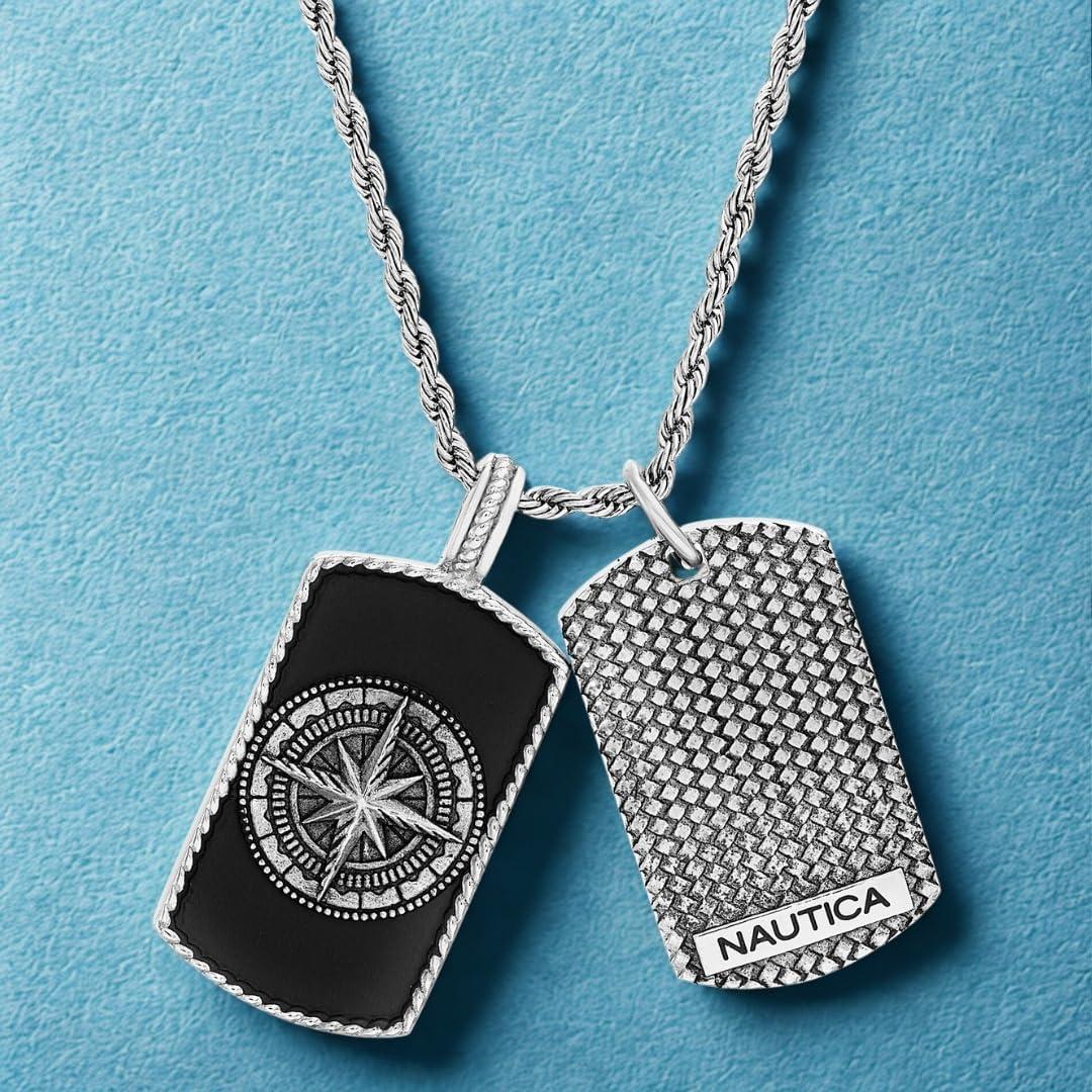 imageNautica Oxidized Stainless Steel Black Enamel Dog Tag Starburst Freedom Rope Chain Necklace for Men