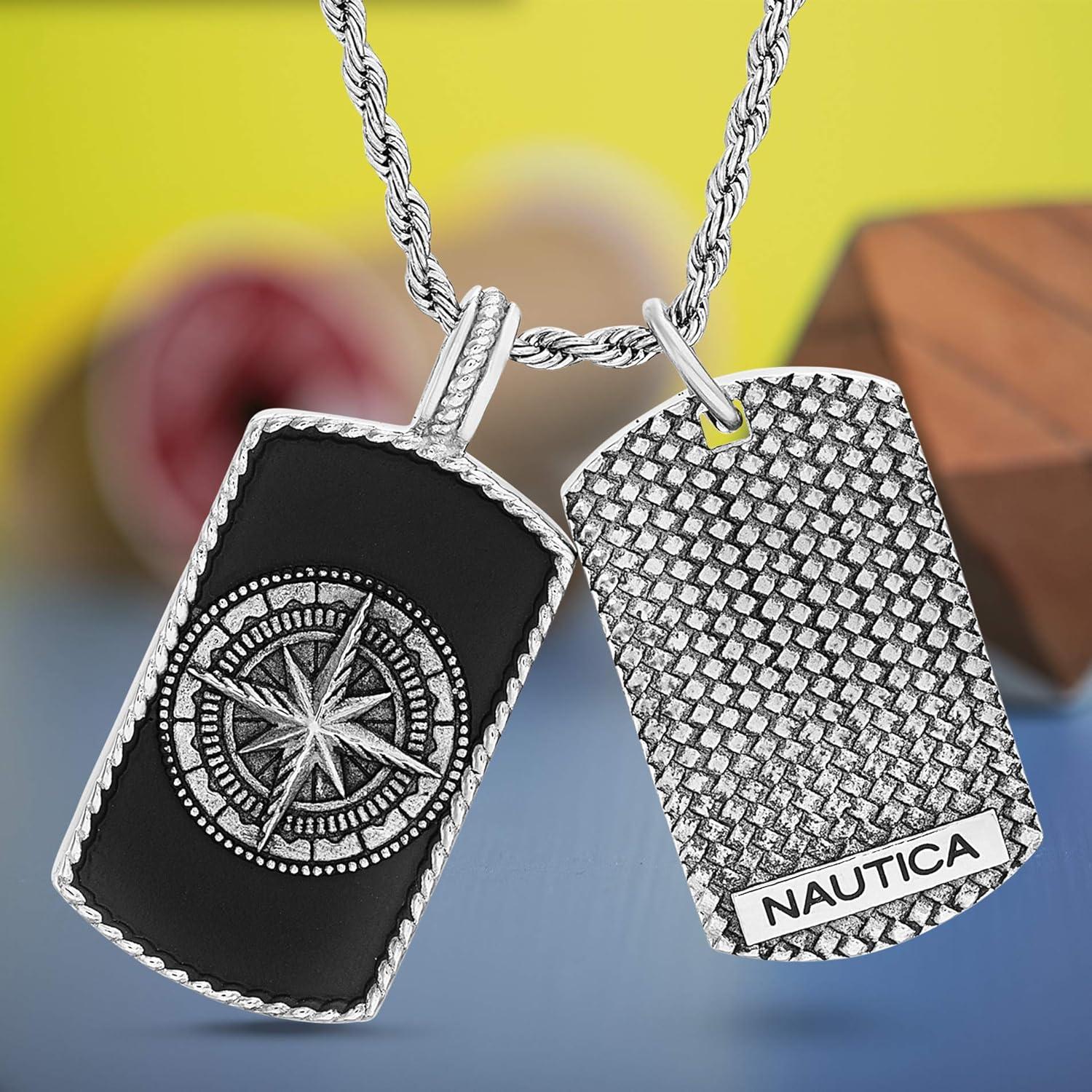 imageNautica Oxidized Stainless Steel Black Enamel Dog Tag Starburst Freedom Rope Chain Necklace for Men