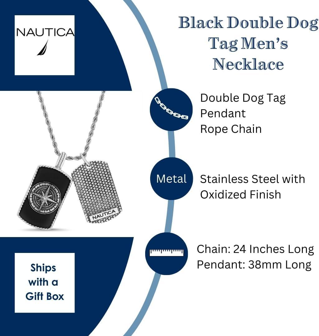 imageNautica Oxidized Stainless Steel Black Enamel Dog Tag Starburst Freedom Rope Chain Necklace for Men