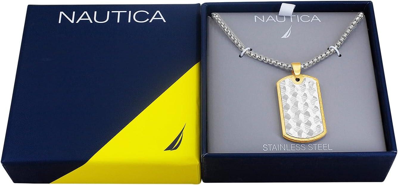 imageNautica Two Tone Dog Tag Necklace for Men 14K Yellow Gold IP Plated Stainless Steel 26 Inches