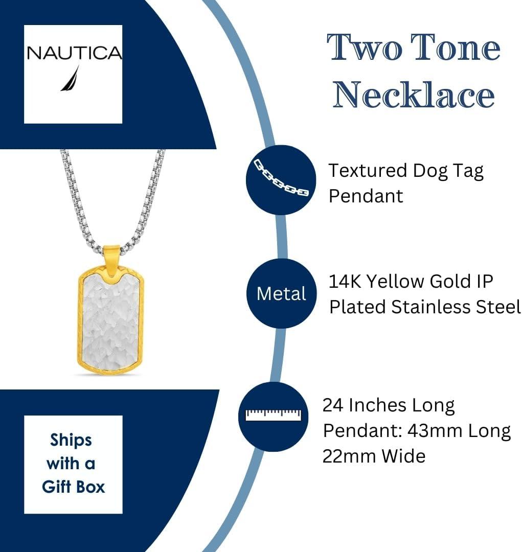 imageNautica Two Tone Dog Tag Necklace for Men 14K Yellow Gold IP Plated Stainless Steel 26 Inches