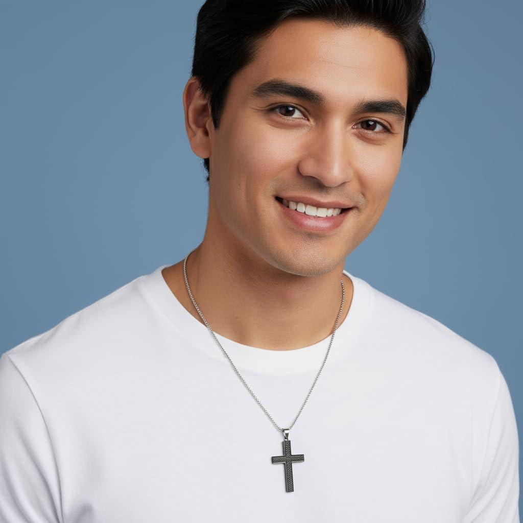 imageNautica Woven Black Cross Necklace for Men Stainless Steel 24 Inches