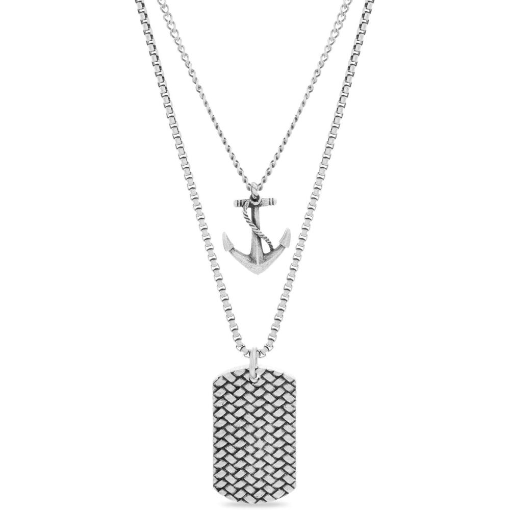 imageNautica Anchor Dog Tag Layered Necklaces for Men Oxidized Stainless Steel 24 Inches