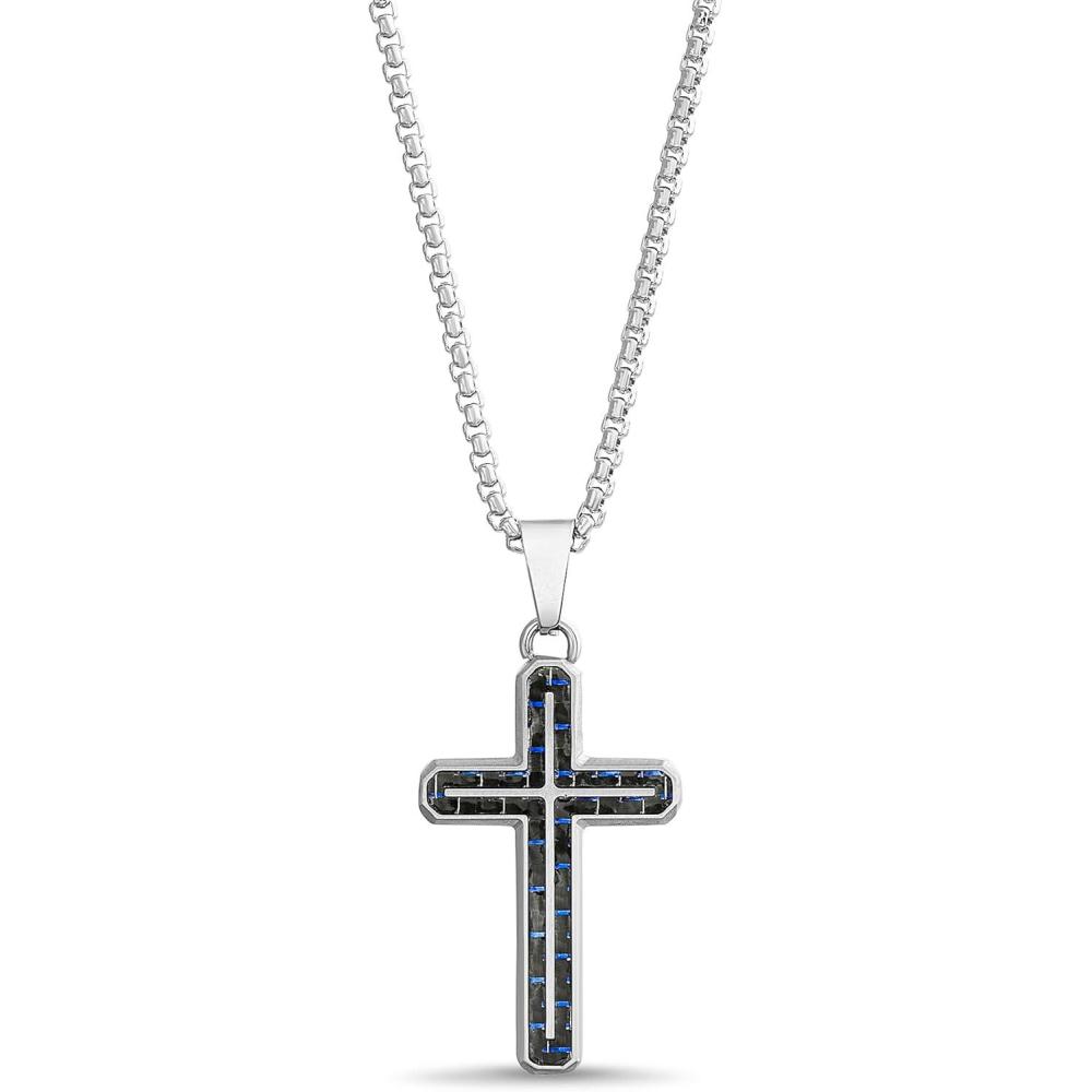 imageNautica Blue Carbon Fiber Black Cross Necklace for Men Stainless Steel 24 Inches