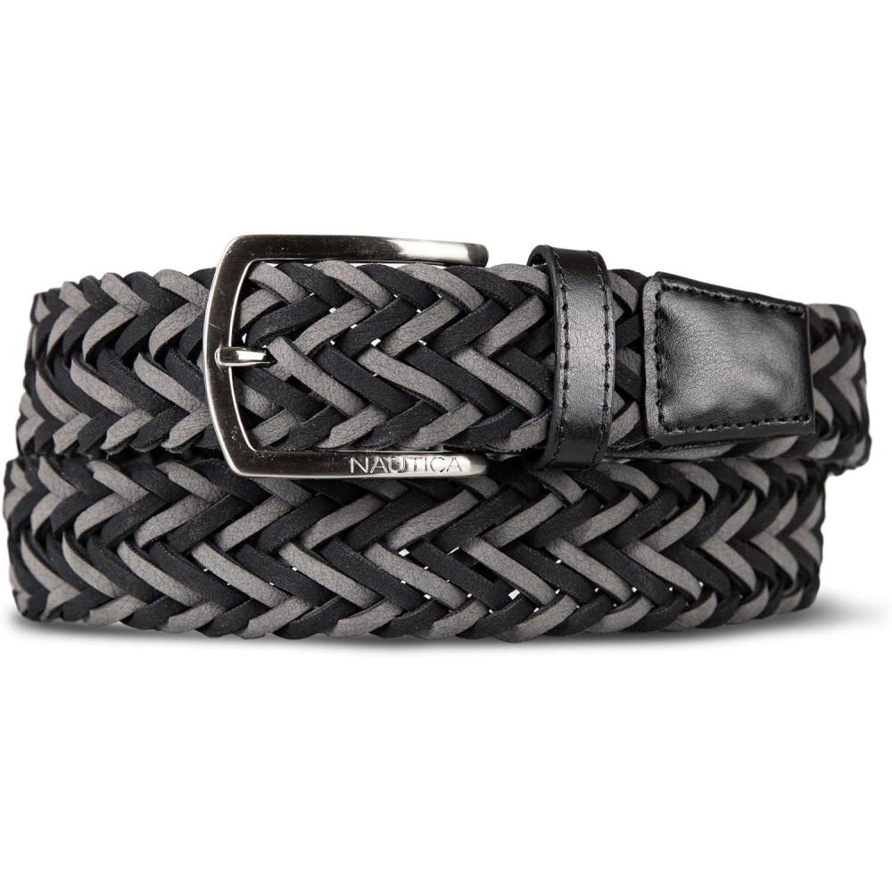 imageNautica Mens Casual Leather Belt Everyday Classic Pants Jeans Khakis Chinos Metal BuckleBraided Two Tone BlackGrey